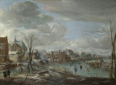 ゴルファーやスケーターがいる街の近くの凍った川。 1648年頃 作： Aert van der Neer