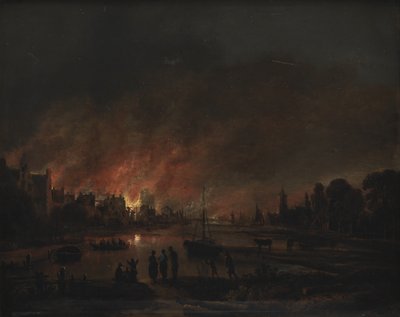 夜の村の火事 作： Aert van der Neer