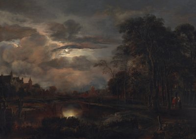 橋のある月明かりに照らされた風景、おそらく 16481650。 作： Aert van der Neer