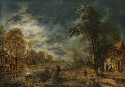 村のある月明かりに照らされた風景 作： Aert van der Neer