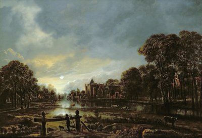 森のほとりにコテージがある月明かりに照らされた川の風景 作： Aert van der Neer