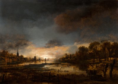 夕暮れ時の川の風景 作： Aert van der Neer