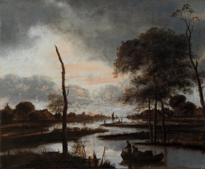 リバー ビュー: 夕方 (キャンバスに油彩) 作： Aert van der Neer