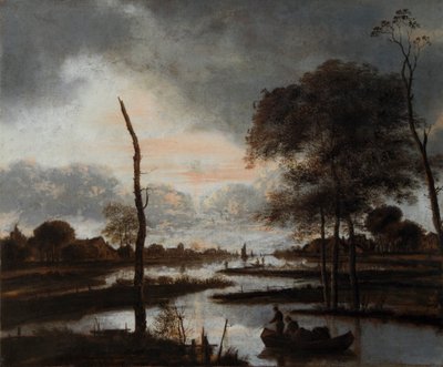 「リバー ビュー: 夕方」、17 世紀 作： Aert van der Neer