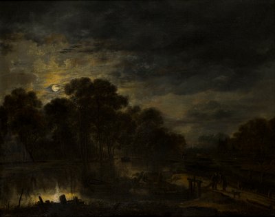 ムーンライトによる川の風景、1623〜77年頃（キャンバスに油彩） 作： Aert van der Neer
