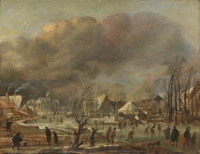 凍った運河のそばの村の降雪、1630-77 作： Aert van der Neer