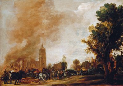 燃える村を去る兵士、1637 作： Aert van der Neer