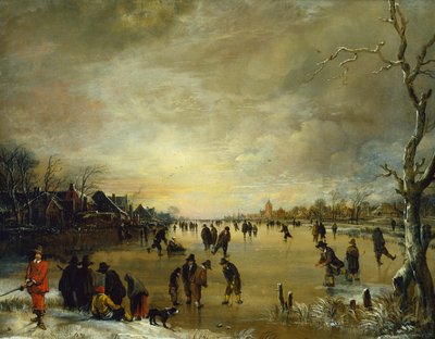 ゴルフとスケートをしている人々がいる日没時の冬の風景（キャンバスに油彩） 作： Aert van der Neer