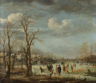裸木の町の近くの冬の風景 作： Aert van der Neer