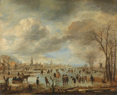 コルフ奏者と馬そりのある町の近くの冬の風景 作： Aert van der Neer