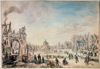 スケーターのいる冬の風景、17世紀のオランダ絵画 作： Aert van der Neer