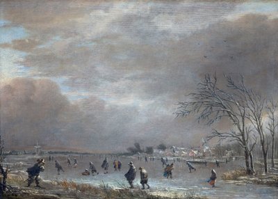 凍った川にスケーターがいる冬の風景（パネルに油彩） 作： Aert van der Neer