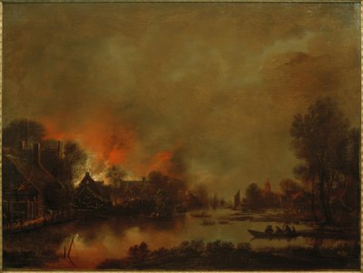 村の火のある夜行性の運河の風景 作： Aert van der Neer der Ältere