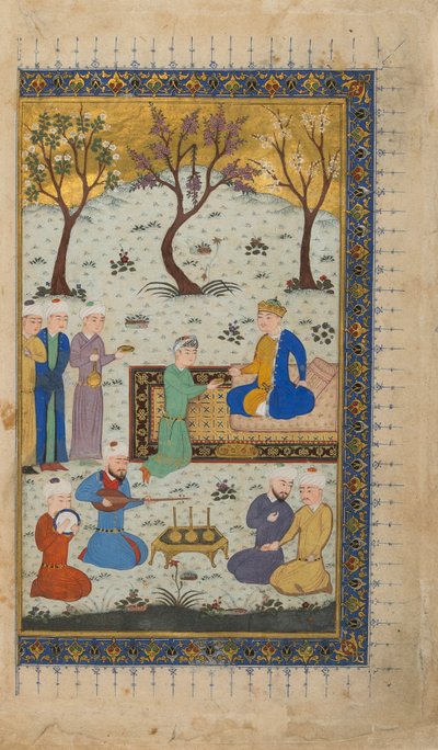 正体不明のテキストからのフォリオ。 verso：アテンダントに囲まれた王子、ヘラート、アフガニスタン、c.1425-30（不透明な水彩、インク、紙の上の金） 作： Afghan School