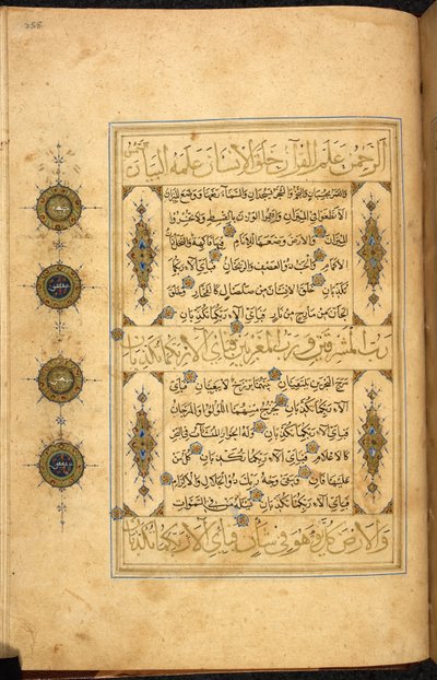 アフガニスタンのヘラートで書かれたサファヴィー朝時代のクルアーン（トゥルース文字とナスキー文字）。13087, f. 258r（紙にペン・インク） 作： Afghan School