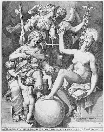 ダビデの詩篇のアレゴリー、左に座ったミゼリコルディアが4人の子供を養いながら...、1579年。 作： After Agostino Carracci.