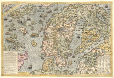 カルタ マリーナの忠実な複製 (1539 年に発行されたオラウス マグヌスによるスカンジナビアのウォールマップ) 作： After Olaus Magnus