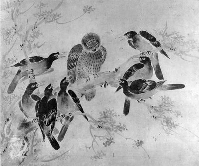 フクロウを襲うマイナバード（19世紀頃 作： after Sesson Shūkei