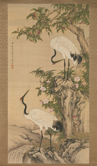 鶴、桃の木、中国のバラ、18 世紀初頭。 作： After Shen Quan