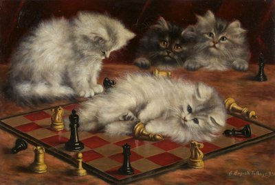 チェス盤の猫（帆布に油彩） 作： Agnes Augusta Talboys