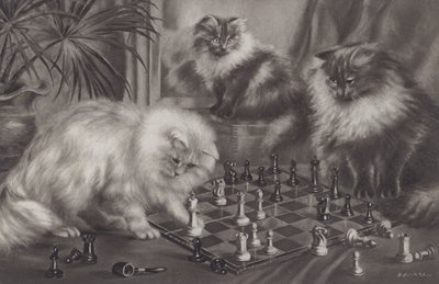 チェスの駒で遊ぶ猫のグループ 作： Agnes Augusta Talboys