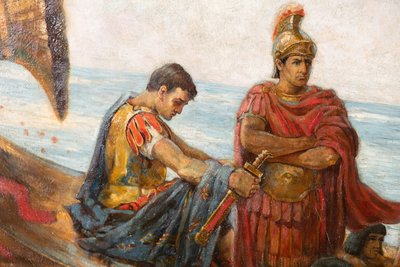 アクティウムの戦いからのアントニーとクレオパトラの飛行、1897年頃（キャンバスに油彩） 作： Agnes Pringle