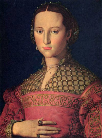 大公コジモ1世デ・メディチの妻、トレドのエレノア1522-1562年の肖像（1545年）。   作： Agnolo Bronzino