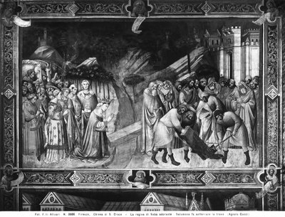 十字架を崇拝するシバの女王と十字架の梁の1つを埋めるソロモン 作： Agnolo Gaddi