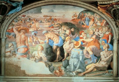 紅海の横断」アグノロ・ブロンズィーノ（1503-1572）のフレスコ画。フィレンツェのヴェッキオ宮殿。イタリア 作： Agnolo Bronzino