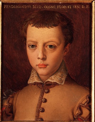 メディチ家のフェルディナンド1世（Ferdinando I de Medici）（1549-1609）の少年の肖像 アッロリ・アンジェロ・ディ・コジモ・ディ・ブロンジーノ（1503-1572）による絵画 16世紀 日 15x12 cm メディチ・リッカルディ宮殿（Medici Riccardi） フィレンツェ 作： Agnolo Bronzino