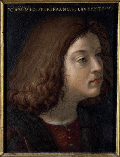 ジョン・オブ・メディチ・ディット・イル・ポポラーノ（1467-1498）の肖像（ジョヴァンニ・デ・メディチ・イル・ポポラーノの肖像） ブロンジーノ（アグノロ・ディ・コジモ）（1503-1572）による絵画 1551年 薄暗い 15x12 cm フィレンツェ パラッツォ・メディチ・リッカルディ 作： Agnolo Bronzino