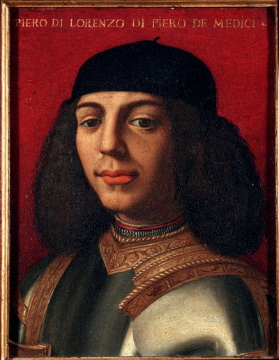 メディチ家のピーター2世（1472-1503）の肖像（ピエロ・ディ・ロレンツォ・デ・メディチまたは不幸なピエロ） イタリアの政治家・軍人で、ローラン豪胆王の息子 ブロンジーノと呼ばれるアグノロ・アローリの絵画（1503-1572） 銅に油彩 Dim 15x12 cm Palazzo M 作： Agnolo Bronzino