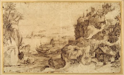 要塞化した港の俯瞰図（紙にペン、茶インク 作： Agostino (attr. to) Carracci
