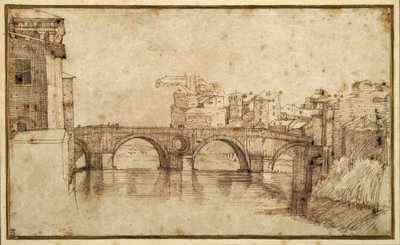ローマ、ティベリアーナ島（ペン、茶インク、紙 作： Agostino (attr. to) Carracci