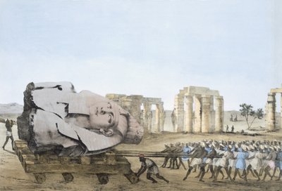 若いメムノンの頭が取り除かれたモード、エジプトとヌビアの研究を示す図版、Giovannie Battista Belzoni、Pub. 1822年（カラーリトグラフ） 作： Agostino Aglio