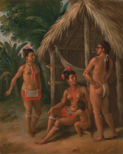 小屋の外に立つリーワード諸島のカリブ族の家族。 1780年。 作： Agostino Brunias