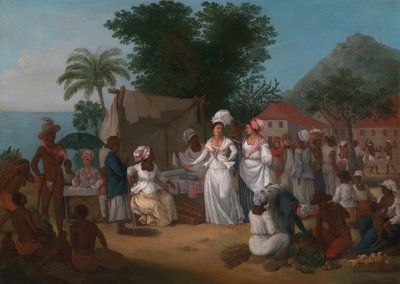 西インド諸島のリネン市場で、リネンの屋台と野菜の売り手がいます。 1780年。 作： Agostino Brunias