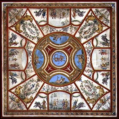 ダービーシャー州ケドルストーン・ホールのペインテッド・ブレックファスト・ルームの天井デザイン、1760年頃（紙にペンとインク、水彩画） 作： Agostino Brunias
