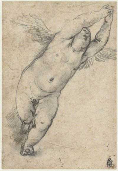 腕を上げて飛ぶプット 作： Agostino Carracci (attributed to)