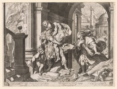 トロイから逃げるアエネアスとその家族 作： Agostino Carracci