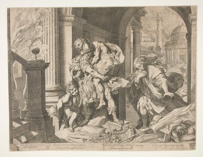 トロイから逃げるアエネアスとその家族 作： Agostino Carracci