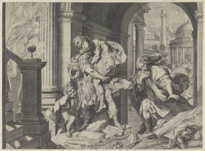 アエネアスは家族と共にトロイアから逃げる 作： Agostino Carracci