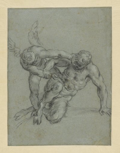 パンを圧倒するキューピッド（レクト）；修道士の頭部；横顔の男の風刺画（裏面） 作： Agostino Carracci