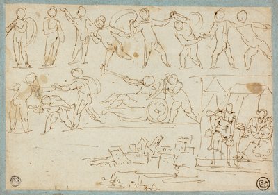 プッティのフリーズ、ロトと娘たちのスケッチ、建物のスケッチ 作： Agostino Carracci