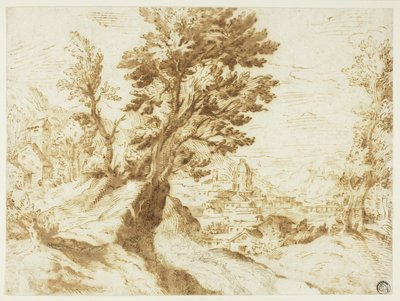 遠くに町のある丘陵の風景 作： Agostino Carracci