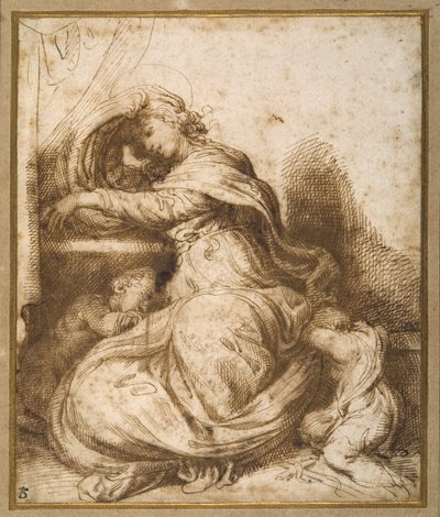 眠っている聖ヨハネと聖母子（ペン＆ブラウンインク、ブラウンウォッシュ 作： Agostino Carracci