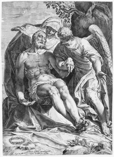 ピエタ、聖母に支えられたキリストと右側の天使、1582 年。 作： Agostino Carracci