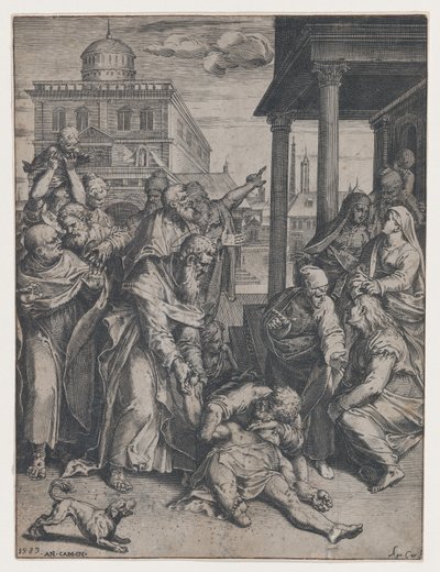 見物人のグループに囲まれて地上にいるパトロクロスを育てる聖パウロ, ..., 1583. 作： Agostino Carracci
