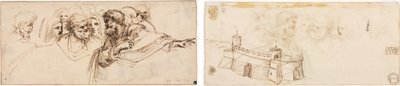 頭の研究（直腸）; 銃眼のある要塞 (裏面) 作： Agostino Carracci
