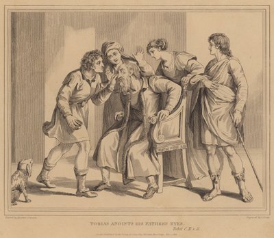 トビアスは彼の父の目、トビットに油を塗る 作： Agostino Carracci